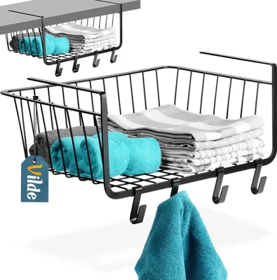 Immagine prodotto di Vilde | Cestino sottopiano - Senza forare - Mobiletto da cucina - Con 4 ganci - Nero - Metallo - Organizzatore per la cucina
