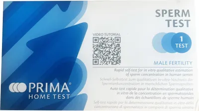 The image shows the packaging of a male fertility sperm test kit.
