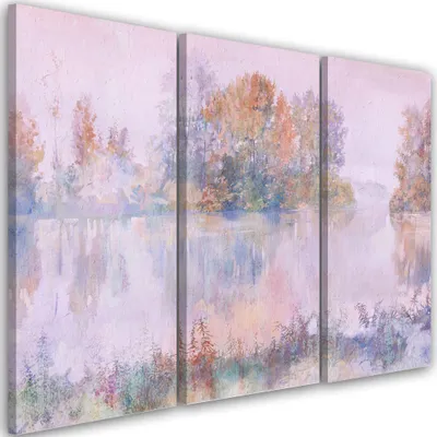 Produktbild von Triptychon auf leinwand blick auf den see 90x60 cm Feeby lila wandbild bereit zum aufhängen