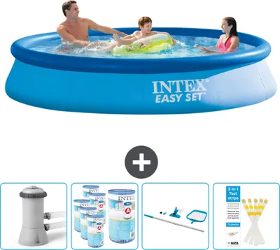 Zdjęcie produktu dla Okrągły nadmuchiwany basen Easy Set firmy Intex - 366 x 76 cm - niebieski - w tym pompa - filtr - zestaw do czyszczenia - paski testowe