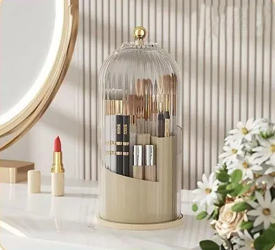 Produktbild von Schnell einkaufen - Make-up Pinselhalter mit Deckel, Rotation Make-up Pinsel Organizer, Transparent Acryl, 3-Chammers, Stilvolle Make-up Organizer für Vani