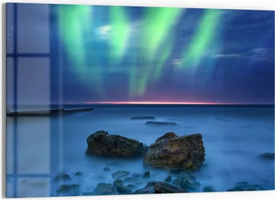 Produktbild von DEQORI Glasbild Echtglas 90x60 cm 'Polarlicht über Felsküste' Wandbild Bild modern Deko