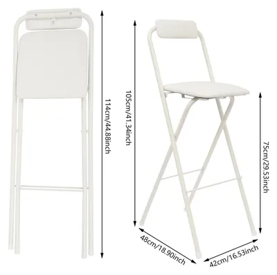 Produktbild von 2er Set klappbare Barhocker - Faltbare Barstühle mit Rückenlehne - Metallgestell - Belastbar bis 125 kg - Gepolsterte PolyurethanSitzfläche - Für Küche Bar Café - Weiß