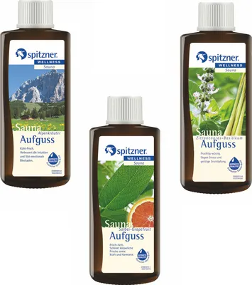Zdjęcie produktu dla Spitzner napar do sauny zestaw 3 ziół alpejskich szałwia trawa cytrynowa 190 ml każdy