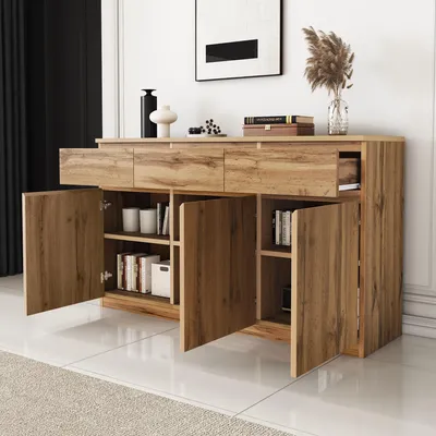 Image de OKWISH Buffet en Bois Naturel avec 3 Tiroirs et 3 Portes - Meuble de Rangement pour Cuisine et Salon, MDF, 135×40×81 cm, Couleur Bois