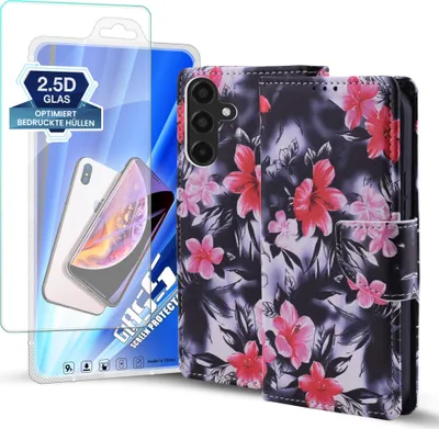 Produktbild von Handy Hülle für Samsung Galaxy A16 / A16 5G mit 9H Displayglas Klapphülle Bookcase Flip Cover Handy Tasche Etui Motiv: Blumen Hibiskus Blüten
