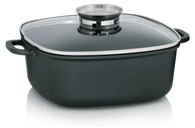 Obrázek produktu pro Hrnec s aroma víkem, nepřilnavým povrchem, vyrobený z hliníku, objem 6 litrů, rozměry 28 x 28 cm, černý