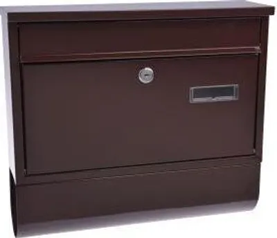 A brown mailbox with a lock and a mail slot.
