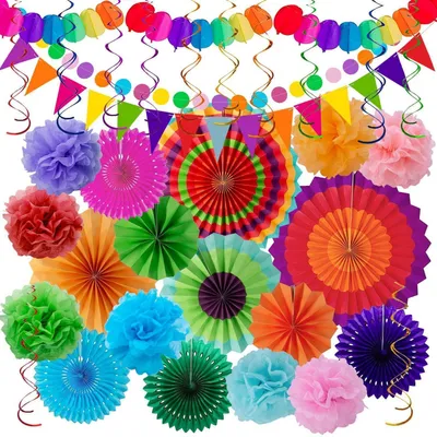Immagine prodotto di Set di decorazioni per feste, composto da 33 pezzi, ideale per giardini, compleanni e carnevali, con ventagli di carta, pompon e ghirlande