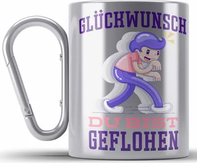 Produktbild von Trendation - Glückwunsch Du Bist Geflohen Edelstahl Tasse Karabiner Jobwechsel Abschied Abschiedsgeschenk Lustiger Spruch (Silber)