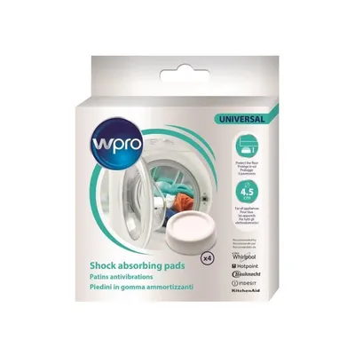 The image shows the packaging of Wpro universal shock absorbing pads for washing machines.