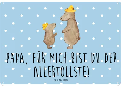 Produktbild von Mr. & Mrs. Panda Wandbild Bären mit Hut DIN A4 - Blau Pastell - Geschenk, Wandschild, Schild, Vati, Vatertag, tafel, Family, Lieblingsmensch, Familie, Blechschild