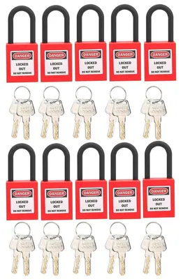 Produktbild von Lockout Vorhängeschloss Set 10 Stück Rot mit 20 Schlüsseln für Werkstatt Fabrik Garage