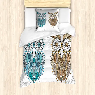 Produktbild von ABAKUHAUS Eule Mantele, weitsichtig Vögel, Milbensicher Allergiker geeignet mit Kissenbezügen, 135 cm x 200 cm - 80 x 80 cm, Creme Weiß Teal