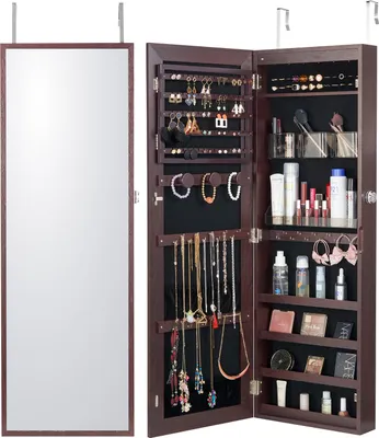 Obrázek produktu pro SucceBuy 42,52palcová zrcadlová skříňka na šperky, uzamykatelná, montáž na stěnu/dveře, LED, sametová podšívka, hnědá, organizér
