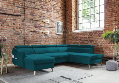 Produktbild von MIUFORM Sweet Harmony - Ecksofa mit Bettfunktion und Bettkasten U-FORM RECHTS - 321x208cm - Velours Türkis - Sofa Schlafsofa Couch