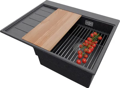 Produktbild von PRIMAGRAN Spülbecken Anthrazit 62x50cm, Granitspüle 1 Becken + Ablauf-Set + Küchenzubehörset, Küchenspüle ab 40er Unterschrank - Sydney