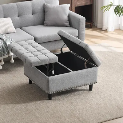 Produktbild von okwish Aufbewahrungs-Hocker quadratischer Aufbewahrungsbank mit Höhenverstellung,Großer verstärkter Aufbewahrungsbox, für Wohnzimmer&Schlafzimmer,Grau