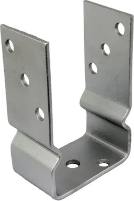A metal U-shaped post bracket with holes for mounting.
