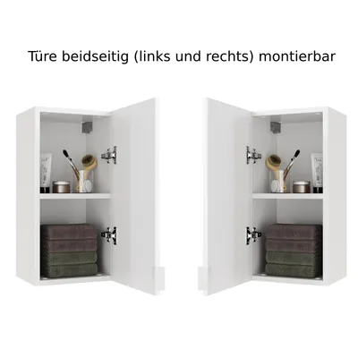 Two white bathroom cabinets are shown side-by-side, with their doors open, displaying their contents.