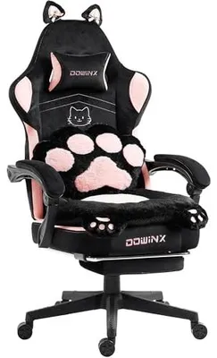 Obrázok produktu pre Herná stolička, ergonomický dizajn, s opierkou nôh, poťah z látky, nastaviteľná, dizajn s motívom mačacích labiek, ružovo-čierna