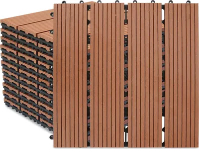 Produktbild von Izrielar WPC Terrassenfliesen 9 m², 30 x 30 cm 99 Stücke, Terrassendielen mit 4 Latten in Holzoptik, für Garten Balkon Bodenbelag mit Drainage und Klicksystem, Braun