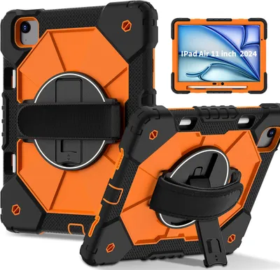 Produktbild von Hülle für iPad Air 11 Zoll M2 (2024) Tablette Schutzhülle Stoßfeste mit 360 Drehbarer Handschlaufe/Ständer Schwarz Orange
