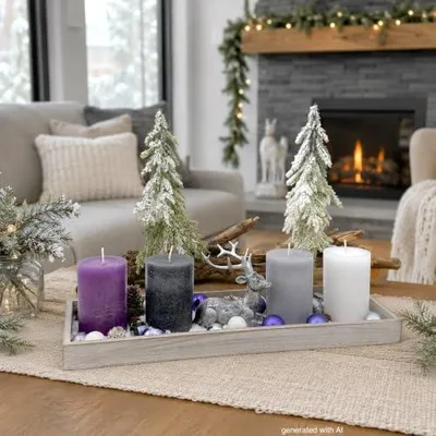 Imagen del producto de Bandeja decorativa navideña de madera, disponible en lila, plateado, gris y blanco, con velas de Adviento, adorno navideño con motivos de ciervo, de 40 cm
