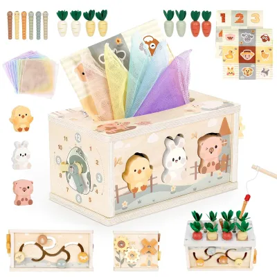 Zdjęcie produktu dla Kostka edukacyjna 6 w 1 - zabawka Montessori - zabawka sensoryczna - zabawka drewniana - dla dzieci od 12 miesiąca życia - rozwija umiejętności sensoryczne - zabawka sensoryczna