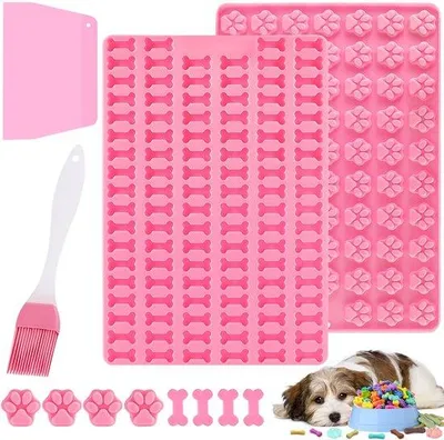 Produktbild von Silikonische Backmaten 2er-Set für Hundekuchen, Mini-Hundebrockenform + Fussabdruckform, Backmat für Hundekuchen mit Pinsel und Teigmesser für selbstgemachte Hundekuchen, BPA-frei