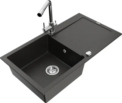 Produktbild von Mexen Leo 1 Becken-Granitspüle mit Abtropffläche und Mischbatterie Duero, Schwarz/Gold metallisch - 6501-75-671600-00