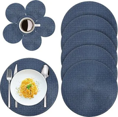 Image de Lot de 6 sets de table ronds, sets de table ronds sinueux de 38 cm, antidérapants, lavables et résistants à la chaleur, en PP, pour la cuisine, la salle à manger, les restaurants et Noël (bleu, 12 pièces)