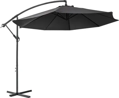 A black cantilever umbrella on a white background.