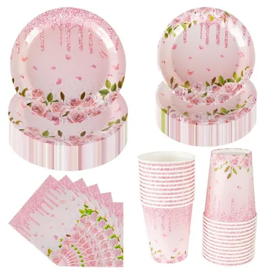 Immagine prodotto di Solidchoice - Set di stoviglie rosa a tema floreale per feste, composto da 100 pezzi, ideale per 25 ospiti