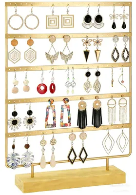 Image de Organisateur à boucles d'oreilles avec base en bois et design à 5 niveaux