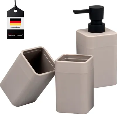 Immagine prodotto di Set di accessori da bagno SAVONA 3 pezzi di bremermann con superficie soft-touch, 1 dispenser per sapone, 2 bicchieri, plastica color tortora