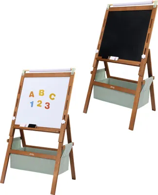 Image de Sunny Lara Chevalet Pour Enfants En Bois, Marron | Tableau Blanc, Tableau Noir Et Rouleau De Papier | Tableau Magnétique Avec Craies, Feutres,