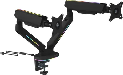 Productafbeelding van Deltaco Monitorhouder met scharnier, geschikt voor 2 monitoren, RGB, zwart
