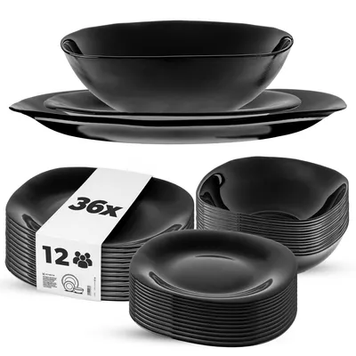 Produktbild von KADAX Geschirrset für 12 Personen, 36-tlg, Tafelservice mit Suppenteller, Dessertteller und Speiseteller, Essgeschirr, Geschirr Set, Tellerset (Schwarz)