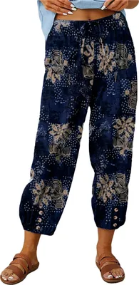 Image de ASKSA Femme 7/8 Imprimer Pantalon long en lin Pantalon d'été Jambe large Pantalon de loisirs Léger Pantalon en tissu lâche, Bleu marine, S