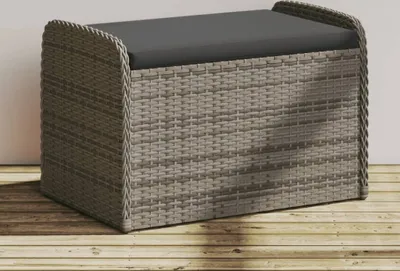Produktbild von Design Sitzbank mit Stauraum & Kissen Grau 80x51x52 cm Poly Rattan, Gartenbänke 2024 Neu