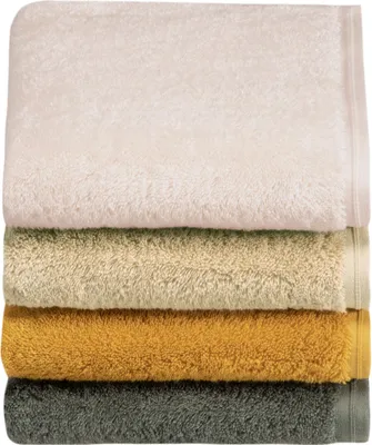A stack of five folded towels in different colors.