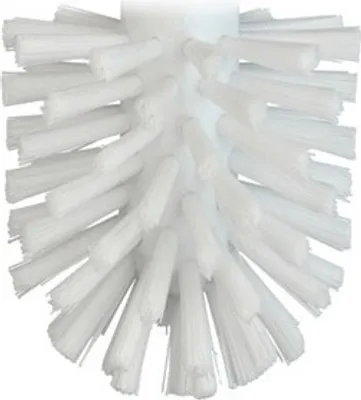 A close-up view of the bristles of a white toilet brush.
