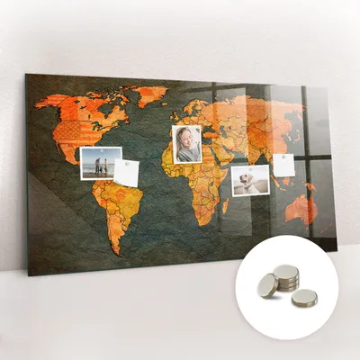 Obrázok produktu pre Magnetická tabuľa na stenu - Memo Tabuľa Sklenená - vrátane 5 magnetov - 120x60 cm - Mapa sveta