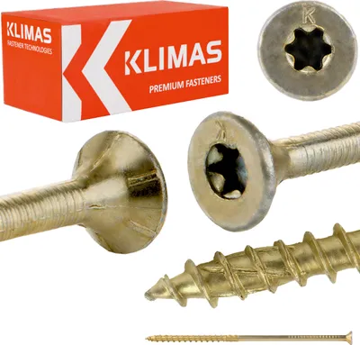 A collage of screws and packaging for Klimas premium fasteners.