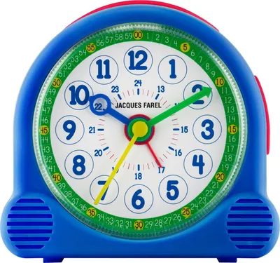 A close-up, front-facing view of a children's alarm clock.