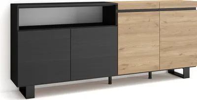 Image de COZY Buffet salon et cuisine, 200x35x87cm, 4 Portes, Chêne et noir