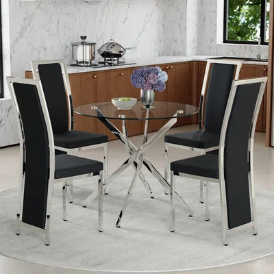 Produktbild von 4er Set Esstisch mit gehärtetem Glas, 88 cm, vier PolyurethanEsszimmerstühle im minimalistischen Design mit silberner Kante und silbernem Metallgestell