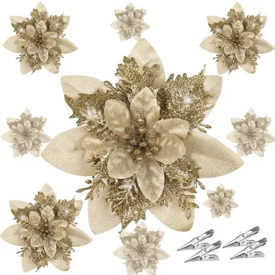 Produktbild von 20x Kunstblumen Weihnachtsstern Glitzer Gold mit Clips 14cm für Weihnachtsdeko & Hochzeitsdeko