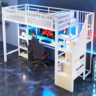 Produktbild von STILVORA Hochbett 90×200 mit Schreibtisch und LED-Lichtleiste, Metallbett mit Leiter und Stauraum und Ablagefach, Jugendbett mit USB-Anschluss Weiß